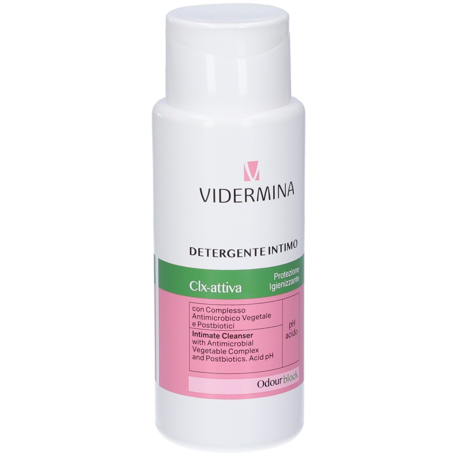 Vidermina CLX-attiva Intimreiniger, Vorderansicht der weißen Flasche mit rosa und grünen Akzenten.
