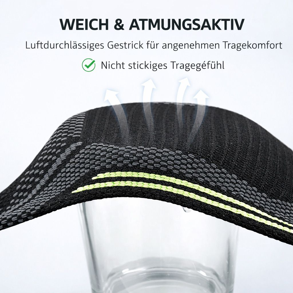 Schwarze Ellenbogenbandage mit Text: Weich & atmungsaktiv. Luftdurchlässiges Gestrick. Nicht stickiges Tragegefühl.