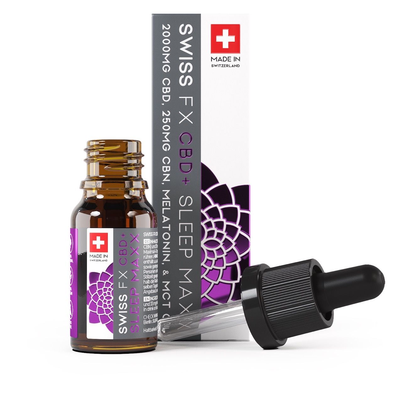 Braunglasflasche mit Tropfer und Verpackung. Tropfer liegt daneben. Aufschrift: SWISS FX CBD+ SLEEP MAXX, Schweizer Kreuz.