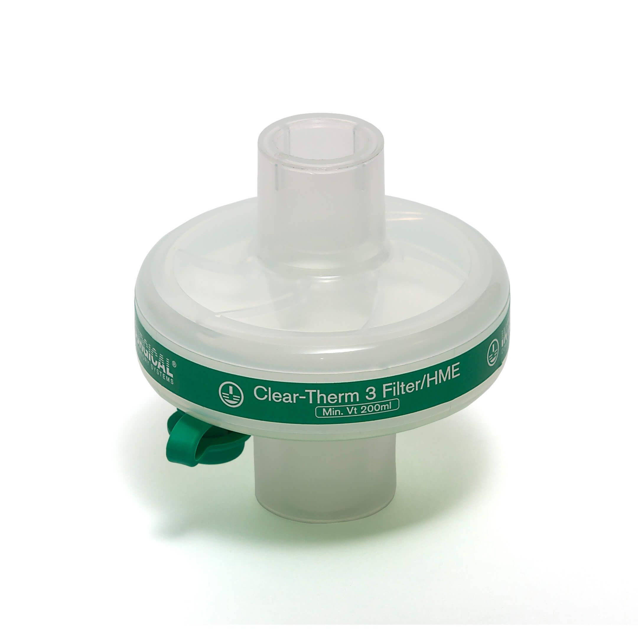 Transparenter Beatmungsfilter mit grünem Band. Aufschrift: Clear-Therm 3 Filter/HME, Min. Vt 200ml. Mit grünem Verschluss.