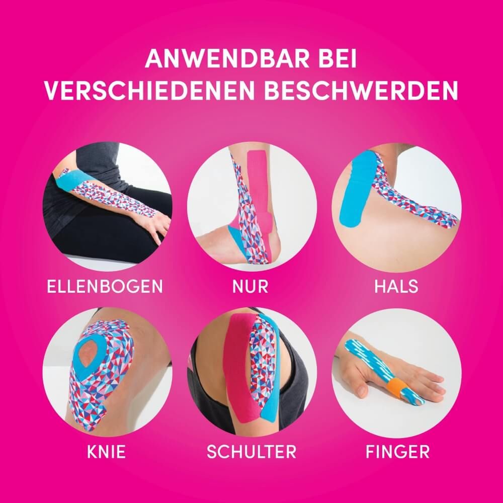 Kinesiotape-Anwendung an verschiedenen Körperstellen wie Ellenbogen, Sprunggelenk, Hals, Knie, Schulter und Finger.