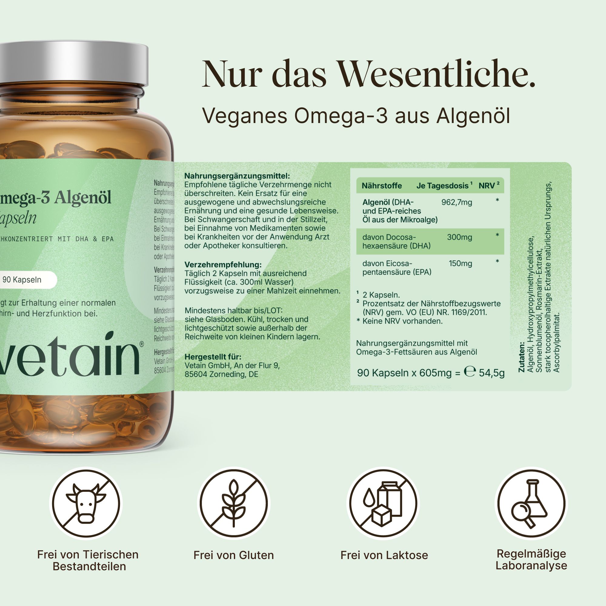 Braune Flasche Omega-3-Algenöl-Kapseln. Text: "Nur das Wesentliche. Veganes Omega-3 aus Algen". Nährwerttabelle, Symbole: vegan, glutenfrei, laktosefrei.