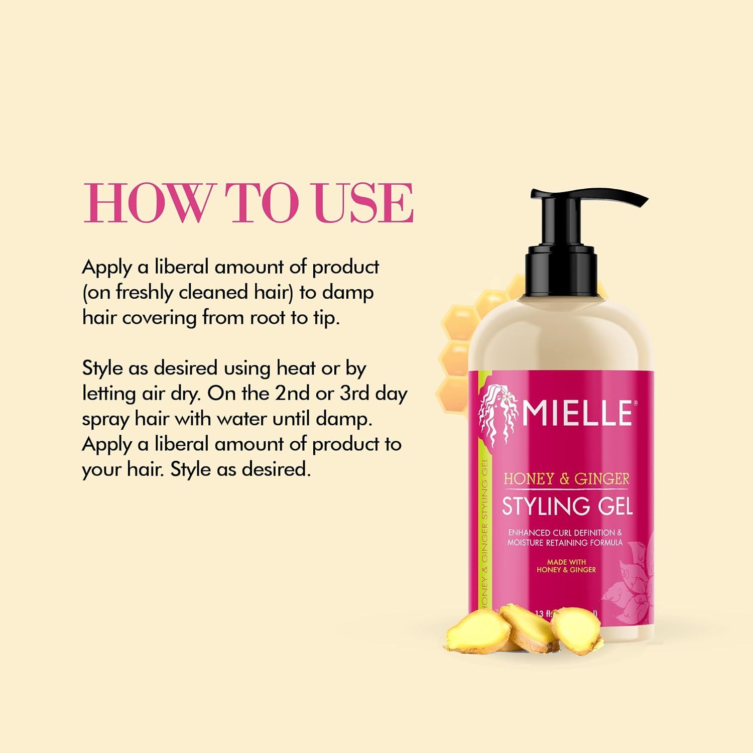 Mielle Honey & Ginger Styling Gel. Flasche mit Pumpe. Rosa Etikett. Anwendungshinweise. 13 fl. oz.