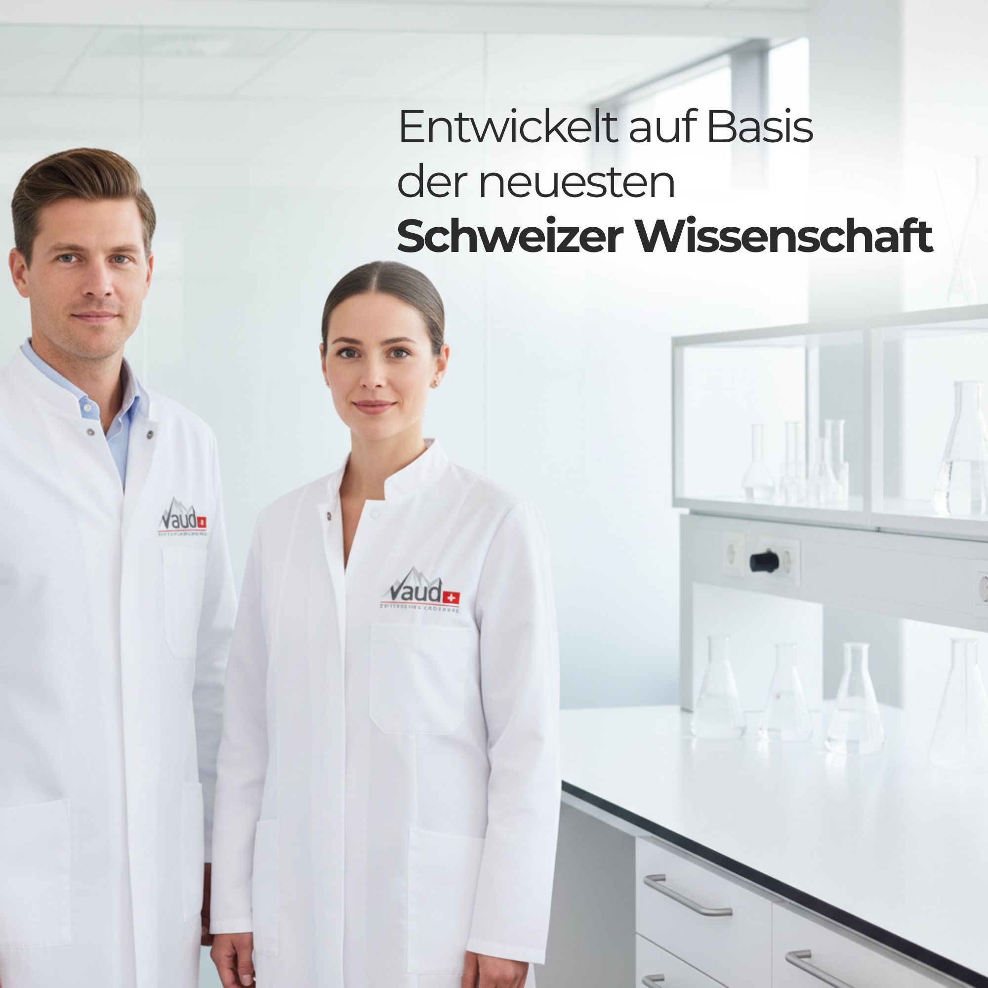 Zwei Personen in Laborkleidung. Text: Entwickelt auf Basis der neuesten Schweizer Wissenschaft.