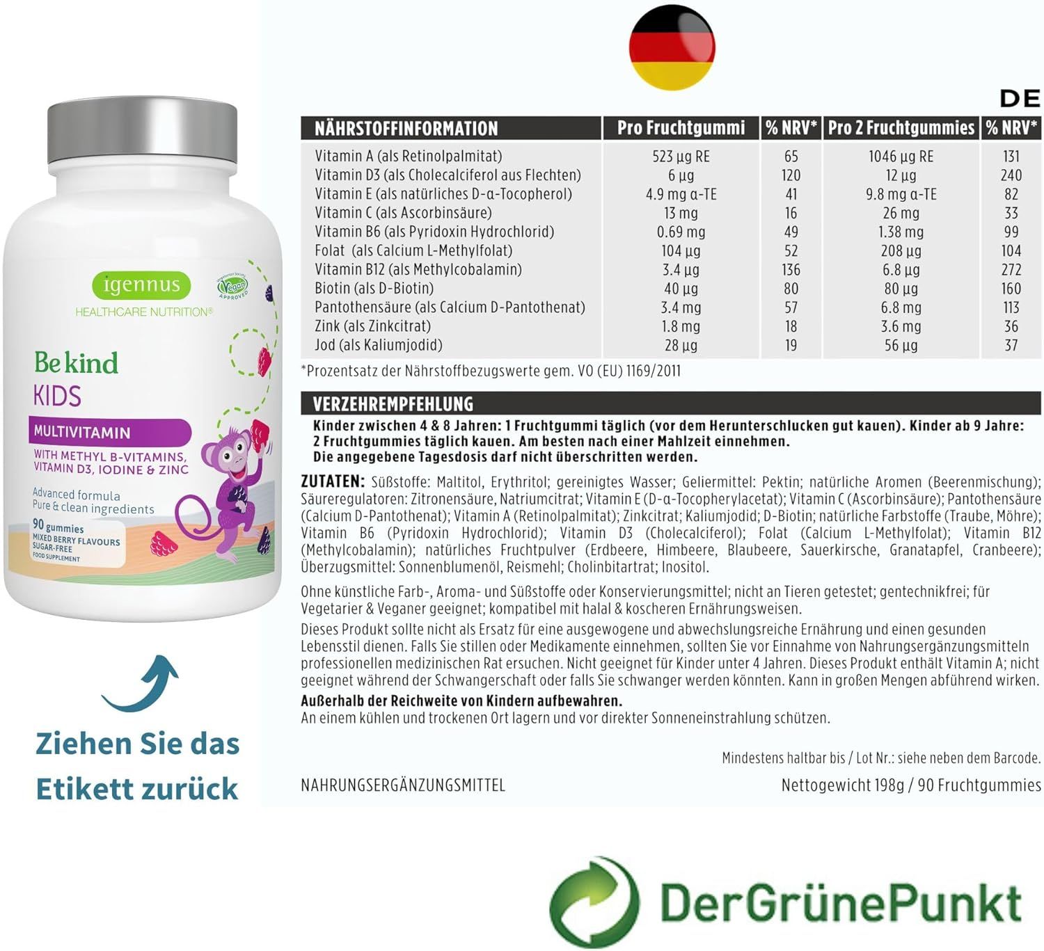 Flasche mit Fruchtgummis. Text: Nährwertangaben. Zutatenliste. Gebrauchsanweisung. Vegan-Zertifizierung. Rückseite des Etiketts.