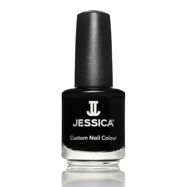 Schwarzer Nagellackflakon mit schwarzem Deckel. Auf dem Flakon steht "JESSICA Custom Nail Colour".