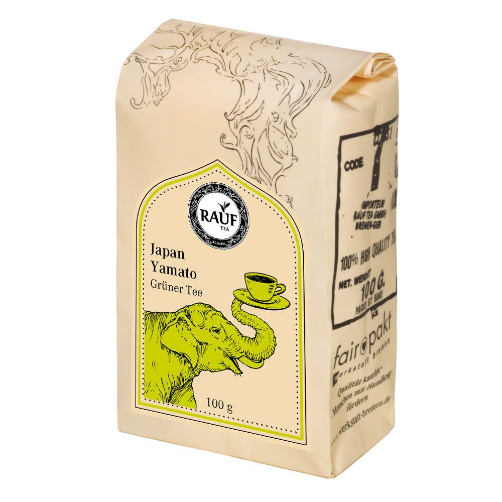 Beutel Rauf Tee Japan Yamato Grüner Tee. Beige Verpackung mit Logo, Elefant-Illustration und Text. 100g.