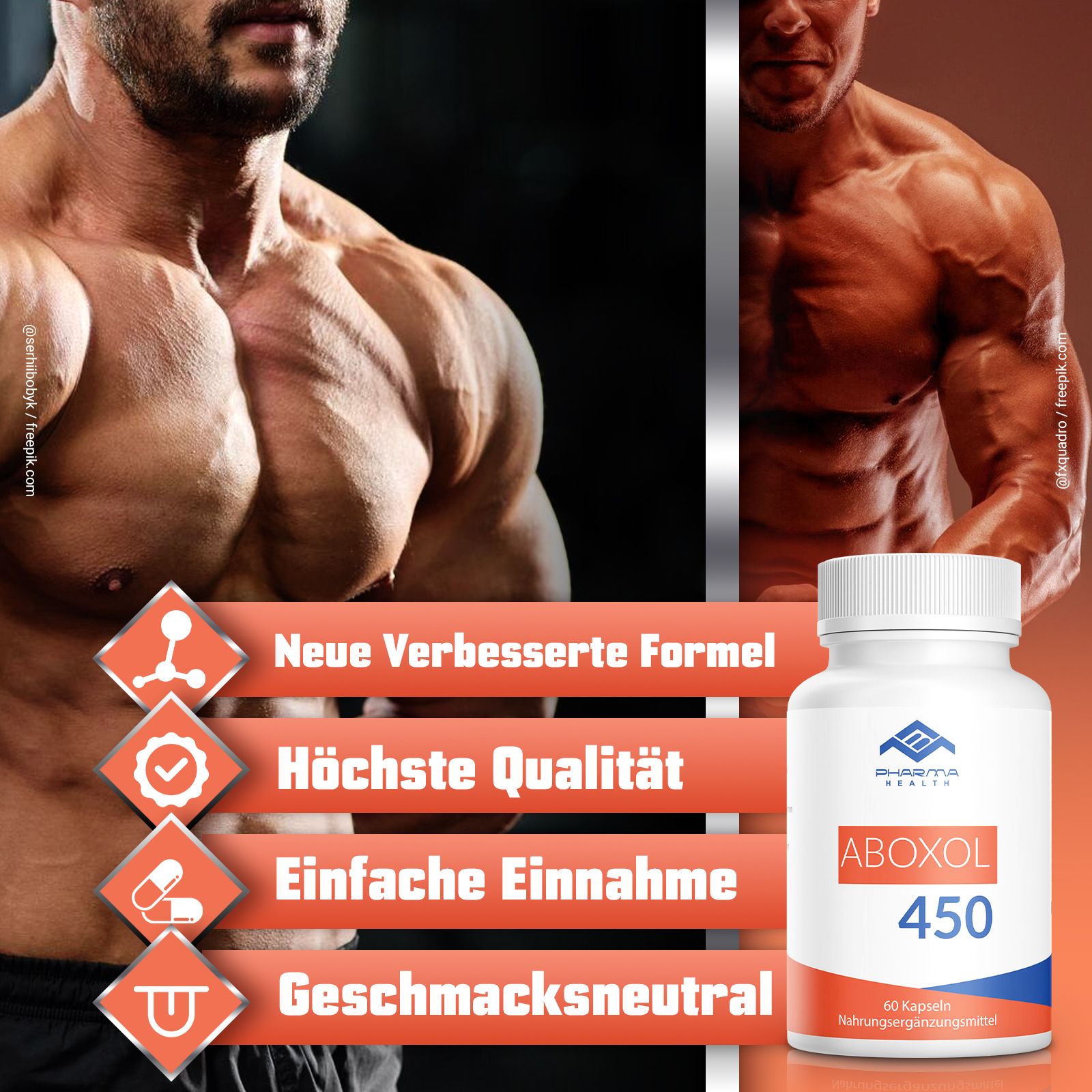 Weiße Flasche Aboxol 450. Aufschrift: 60 Kapseln, Nahrungsergänzungsmittel. Hintergrund: muskulöser Mann.