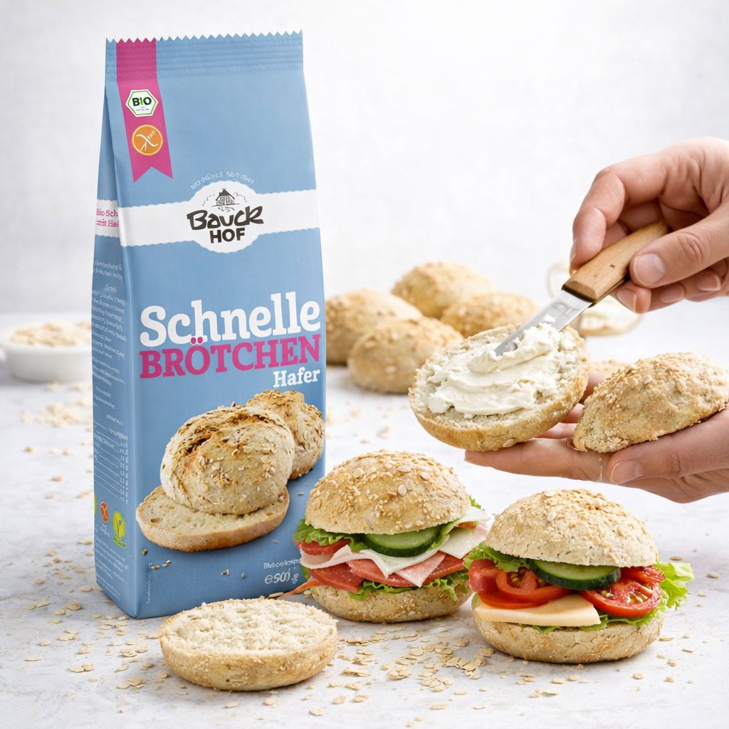 Bauckhof Schnelle Brötchen Hafer Backmischung mit belegten Brötchen und Zutaten.