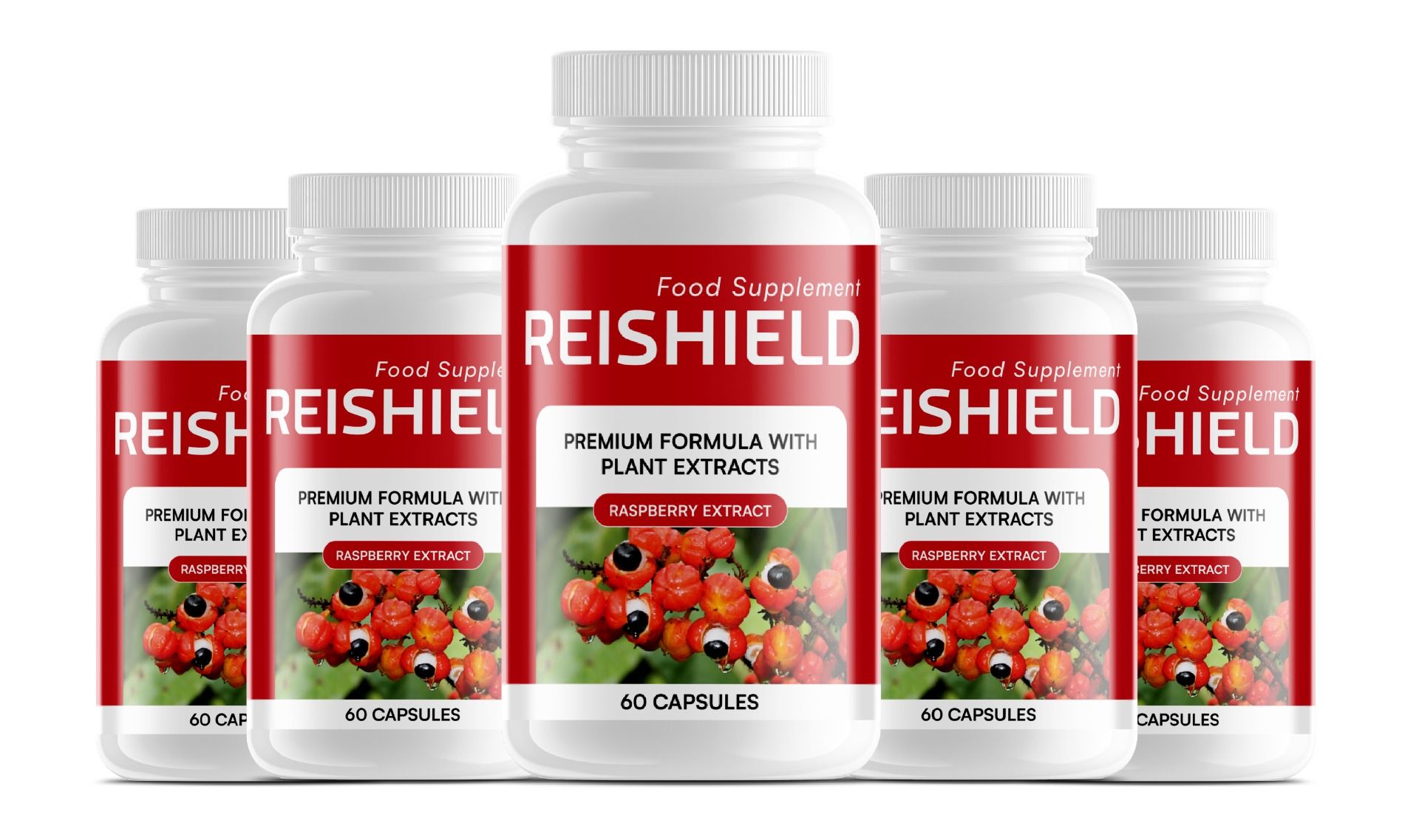 Fünf Flaschen Reishield Nahrungsergänzungsmittel mit Himbeerextrakt und Pflanzenextrakten, 60 Kapseln pro Flasche.