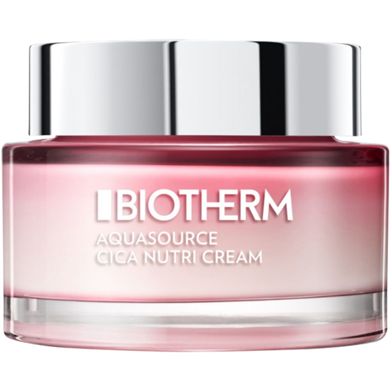 Glasbehälter mit silbernem Deckel. Aufschrift: BIOTHERM, Aquasource Cica Nutri Cream. Rosa Creme sichtbar.