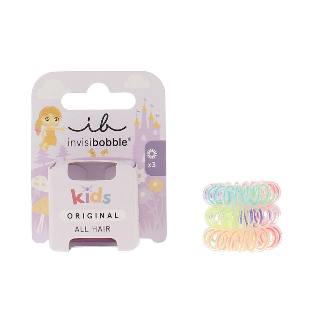 Drei spiralförmige Haargummis neben der Verpackung. Aufdruck: "ib invisibobble kids ORIGINAL ALL HAIR".