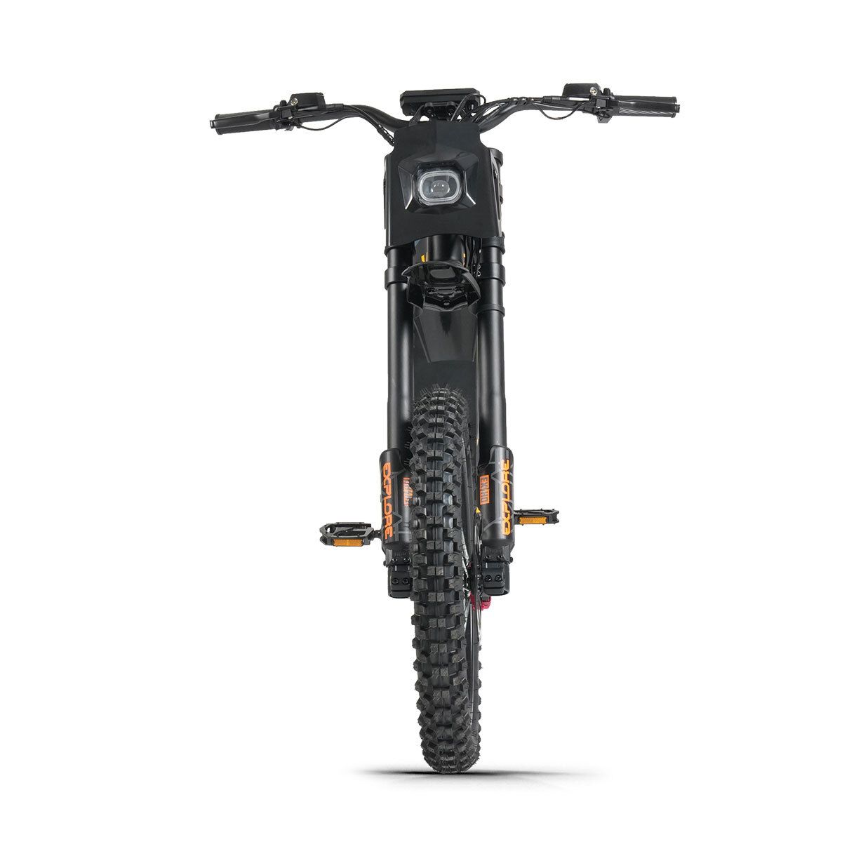 Schwarzes E-Dirtbike, Frontansicht. Offroad-Reifen, Scheinwerfer, Pedale. RICH BIT V9 Ultra.