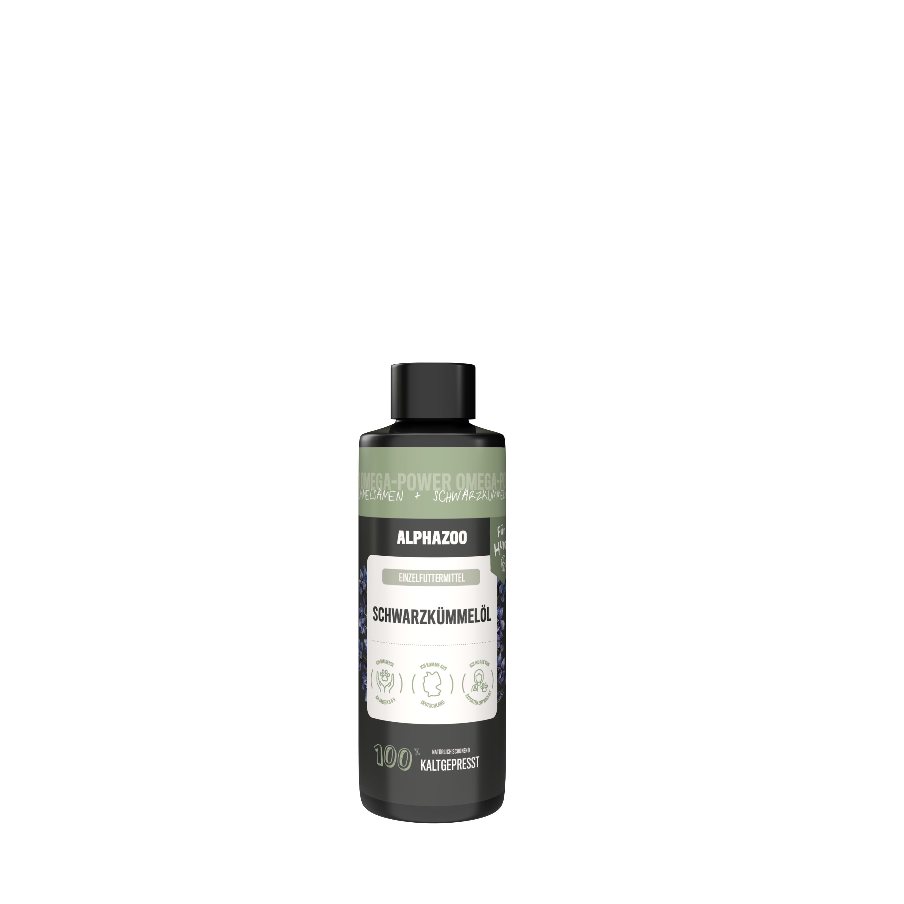 Schwarze Flasche mit Produktetikett. Aufschrift: alphazoo Schwarzkümmelöl. 100% kaltgepresst.