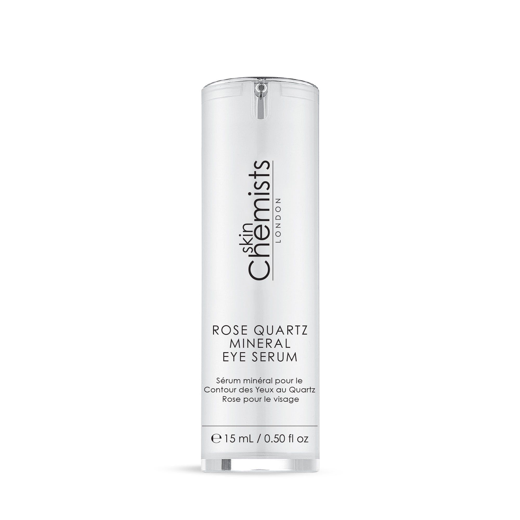 Zylindrische Flasche mit Serum. Aufschrift: Rose Quartz Mineral Eye Serum. Marke: skinChemists London. Volumen: 15 ml / 0.50 fl oz.