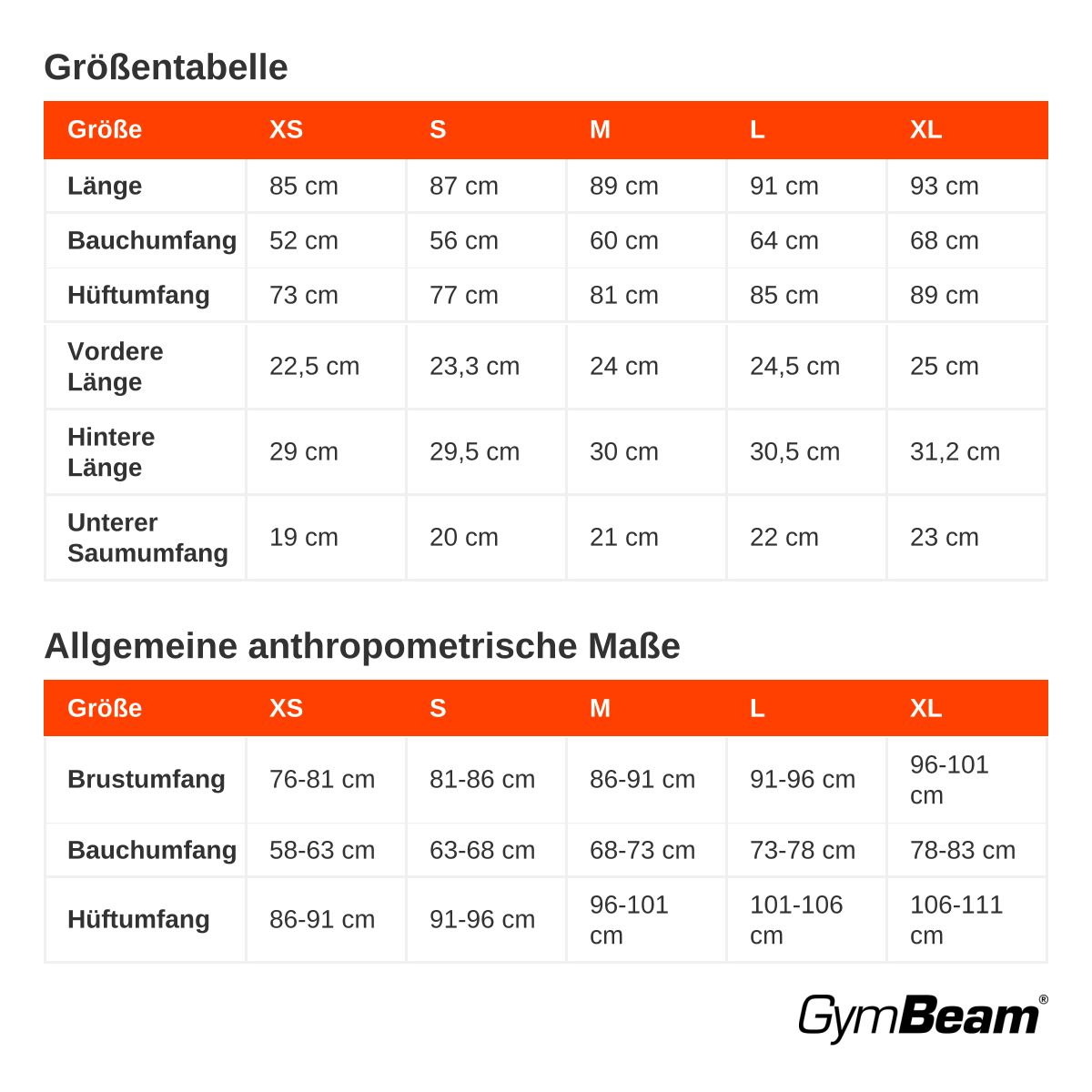 Größentabelle für GymBeam Damen-Leggings in Schwarz.