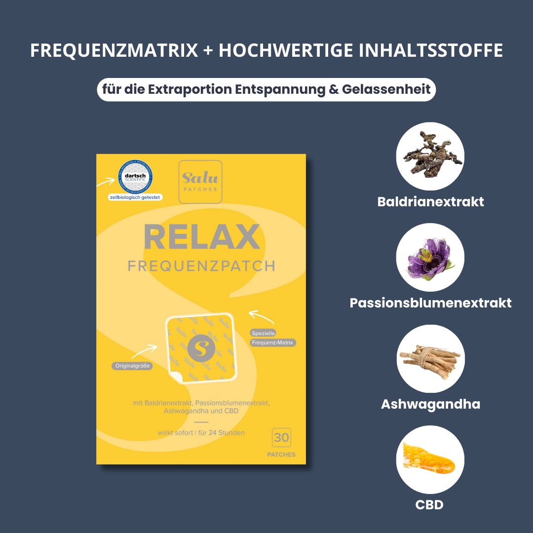Gelbe Verpackung "Salu Patches Relax Frequenzpatch". Mit Baldrian-, Passionsblumenextrakt, Ashwagandha und CBD. 30 Patches.