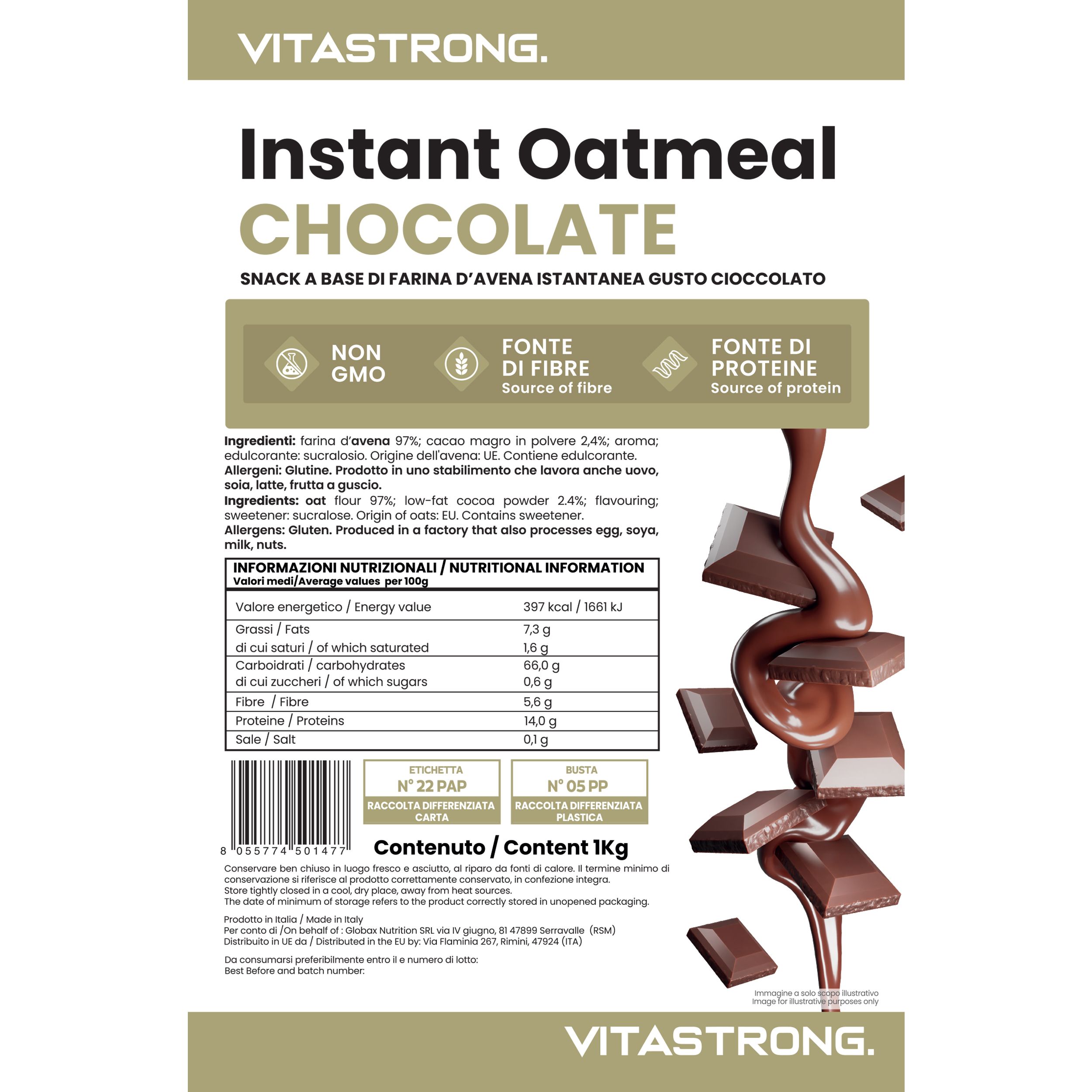 Verpackung von Instant Oatmeal Schoko. Text: Vitastrong, Instant Oatmeal Chocolate, Non GMO, Quelle für Ballaststoffe, Proteinquelle. 1 kg.