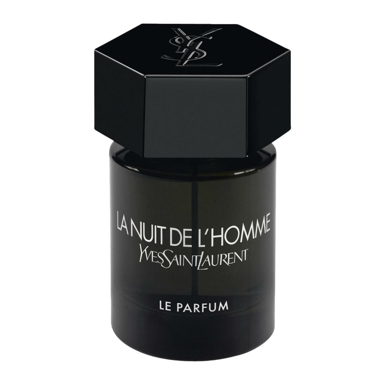 Dunkler Flakon mit schwarzem Deckel. Aufschrift: La Nuit de L'Homme, Yves Saint Laurent, Le Parfum. Schwarzer Deckel mit Logo.
