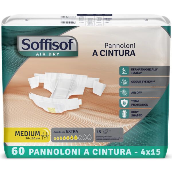 Verpackung Soffisof Inkontinenzschutz mit Hüftbund Extra. Medium, 70-110 cm. 60 Stück. Mit Produktmerkmalen.