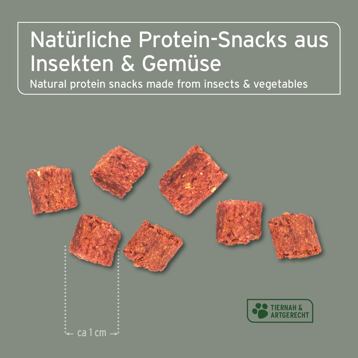 Sechs quadratische, rote Snacks. Text: Natürliche Protein-Snacks aus Insekten & Gemüse. Ca. 1 cm groß. Tiernah & artgerecht.