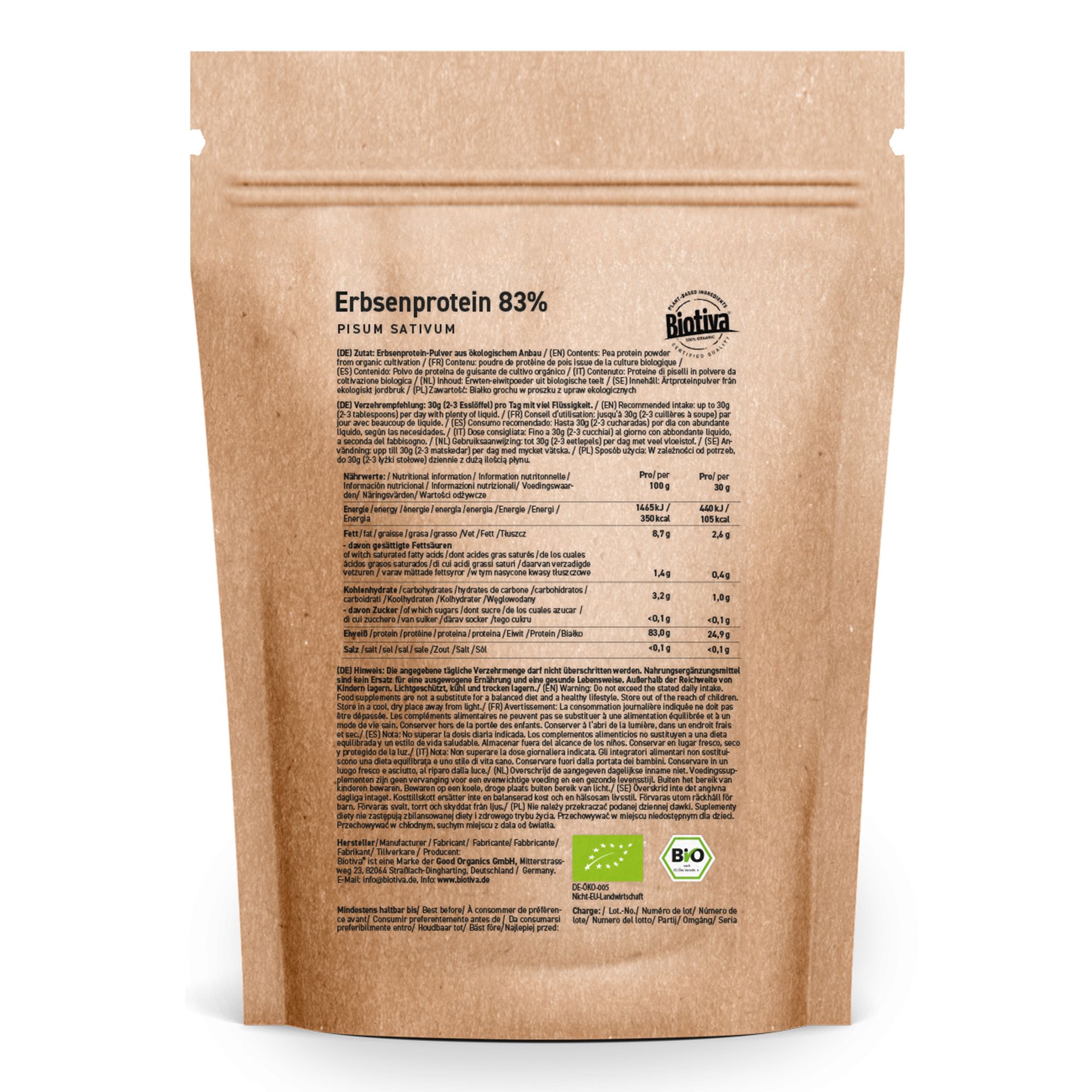 Braune Papierverpackung mit Aufdruck. Enthält Erbsenprotein 83%. Marke: Biotiva. Bio-Siegel.
