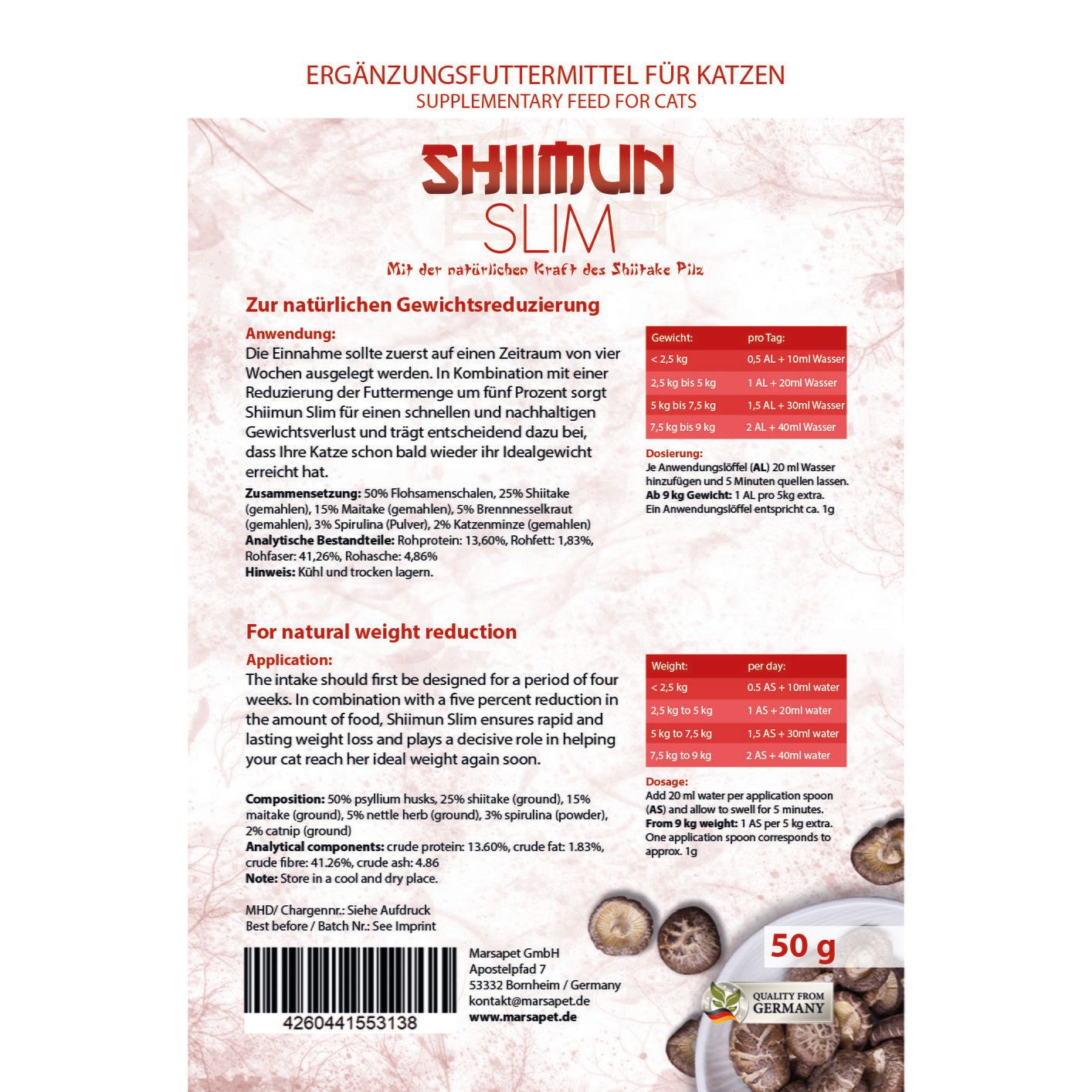 Shiimun Slim-Verpackung. Dose mit Text und Inhaltsangaben. 50g-Packung. Hergestellt in Deutschland.