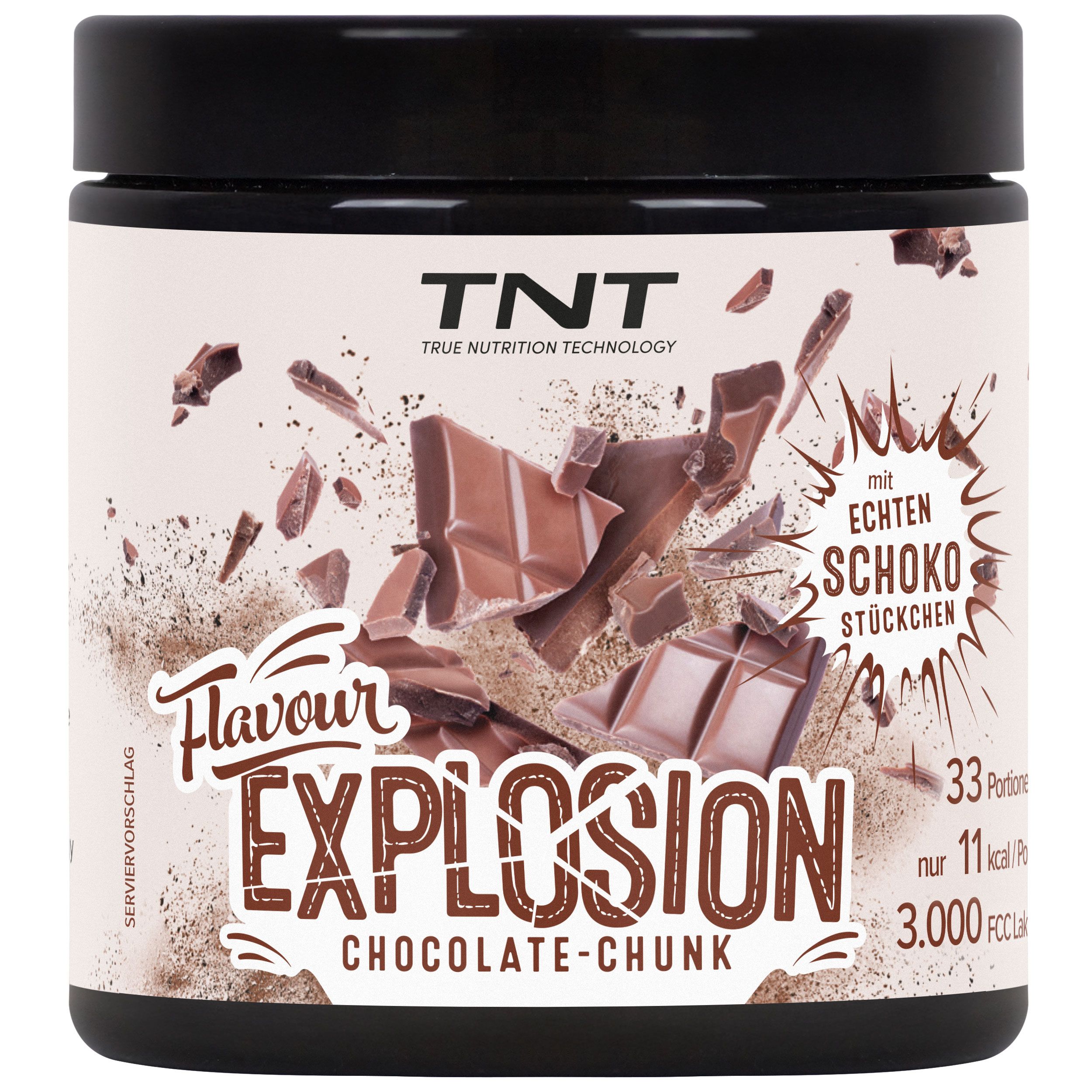 Schwarzer Behälter mit Schokoladenstückchen-Design. Zeigt "Flavour Explosion Chocolate-Chunk" und "TNT".