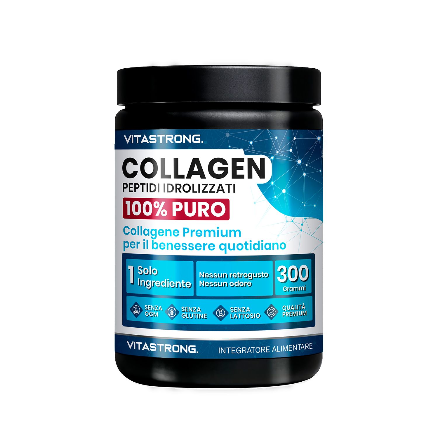 Vitastrong Kollagen Dose. Text: Peptide, 100% rein, ohne Geschmack, ohne Geruch, ohne Gluten, Laktose, oder Soja.