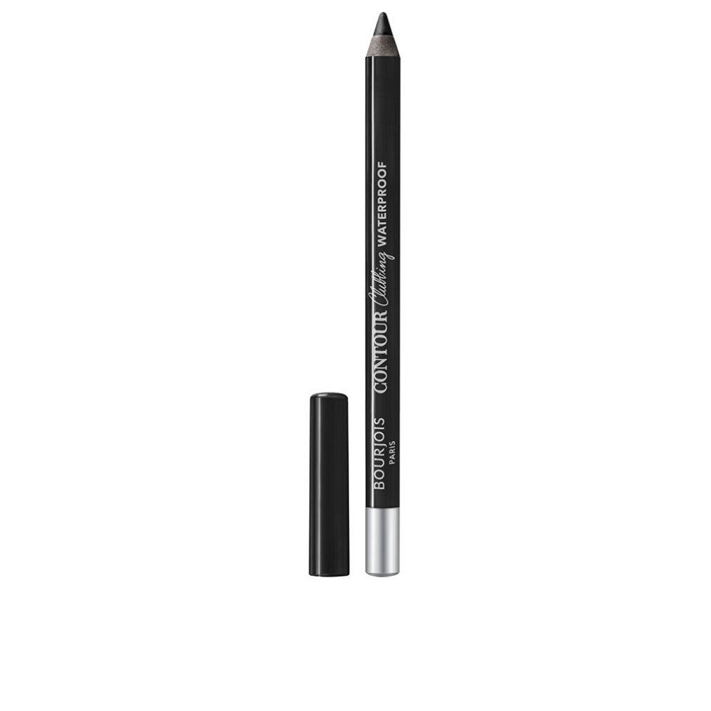 Schwarzer Eyeliner-Stift mit abgenommener Kappe. Silberne Spitze, schwarzer Schaft. Schriftzug.