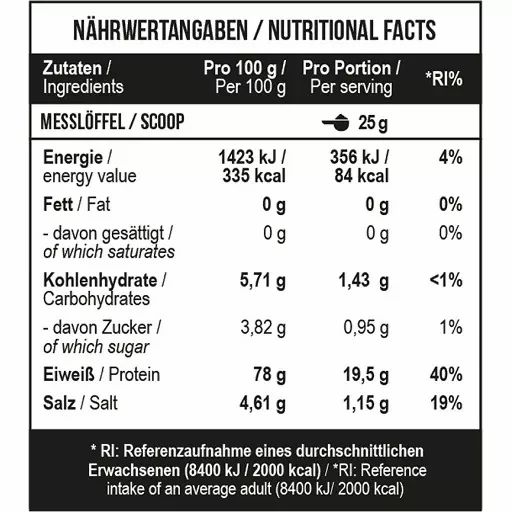 Nährwerttabelle für MST-Proteinpulver. Angaben pro 100g und pro Portion. Enthält Informationen zu Energie, Fett, Kohlenhydraten, Eiweiß und Salz.