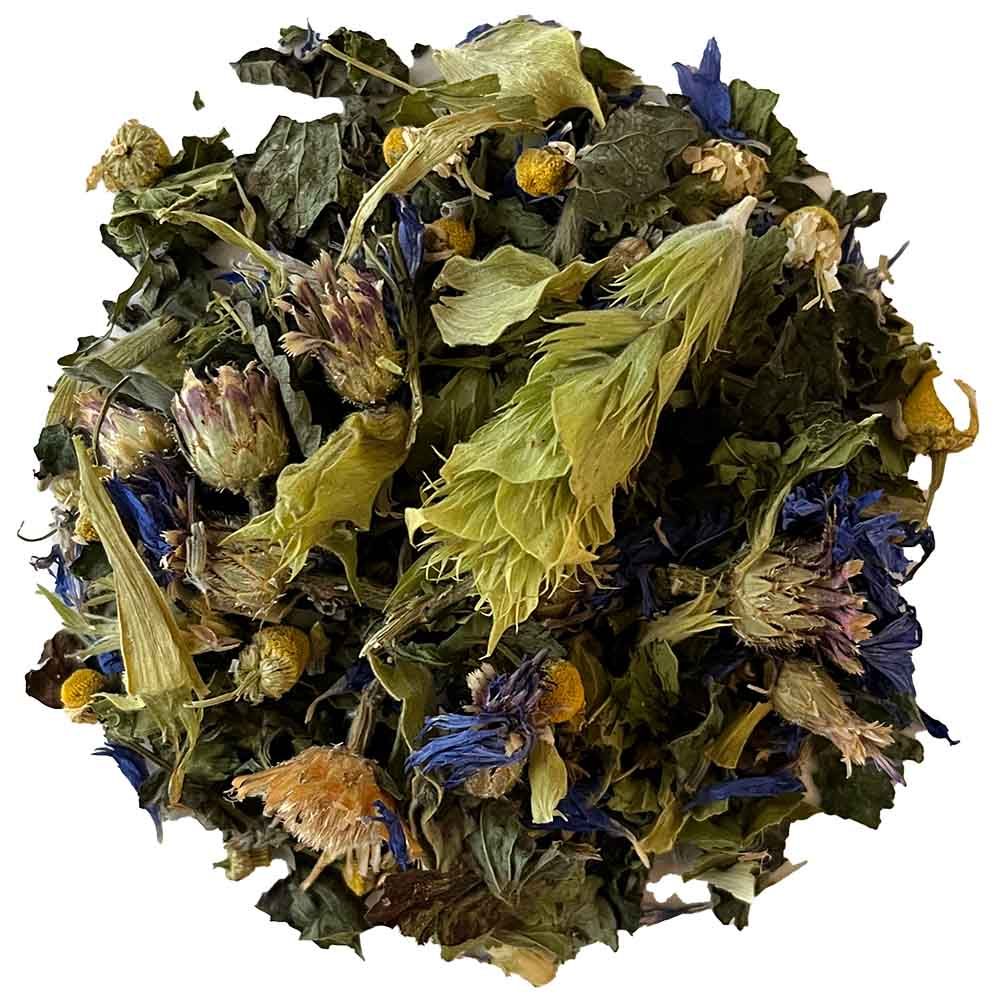 Nahaufnahme von getrockneten Kräutern und Blüten. Verschiedene Farben und Formen, darunter blaue Blüten und grüne Blätter.