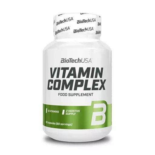 Weiße Flasche mit "BioTechUSA Vitamin Complex". Grün-weiße Etikett mit Text und "B"-Symbol. Kapseln, 2 Monate Vorrat.