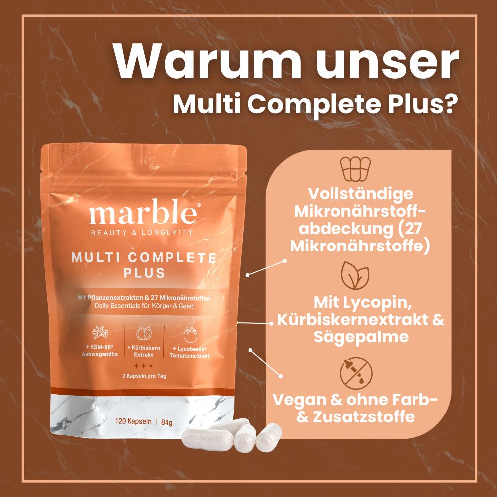 Beutel mit Kapseln. Text: marble, Multi Complete Plus, 120 Kapseln, vegan. Aufschrift: 27 Mikronährstoffe, Lycopin, Kürbiskernextrakt, Sägepalme.