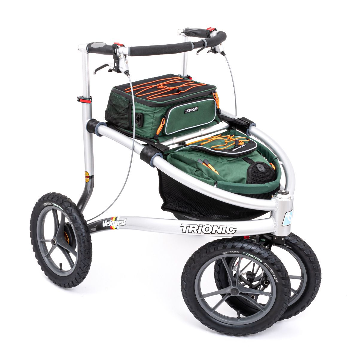 Rollator mit drei Rädern, grünem Gepäck und dem Schriftzug TRIONIC. Schwarze Griffe und graue Räder.