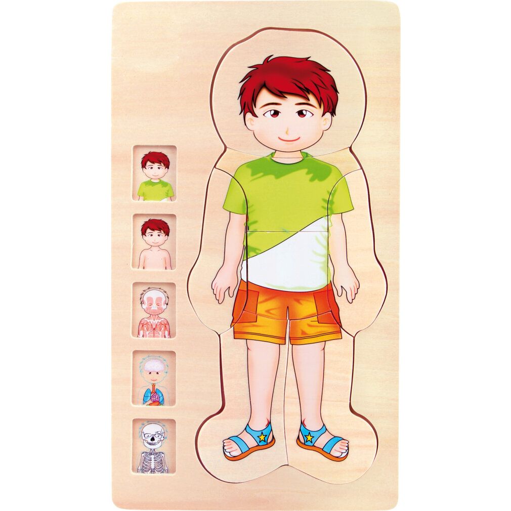 Holzpuzzle Anatomie Junge. Puzzle mit Körperteilen, Illustrationen von Organen und Skelett. Holzfarben.