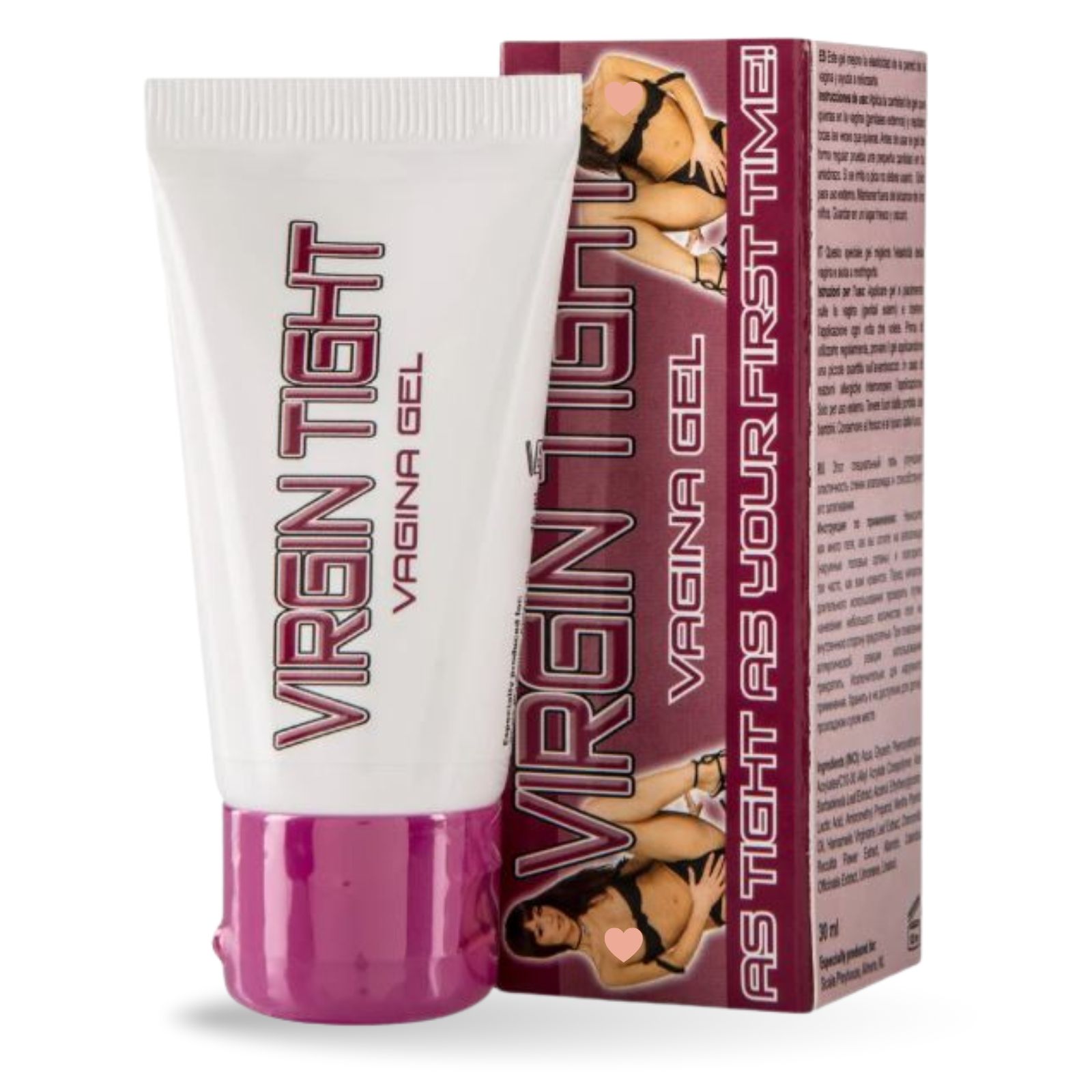 Tube mit Produktaufdruck. Aufschrift: Virgin Tight Vagina Gel. Daneben eine Verpackung.