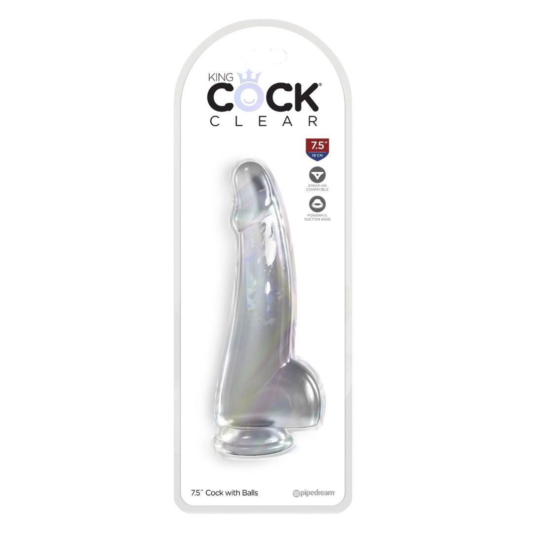 Verpackung mit transparentem Dildo. Aufschrift: KING COCK CLEAR. Größe: 7,5 Zoll.