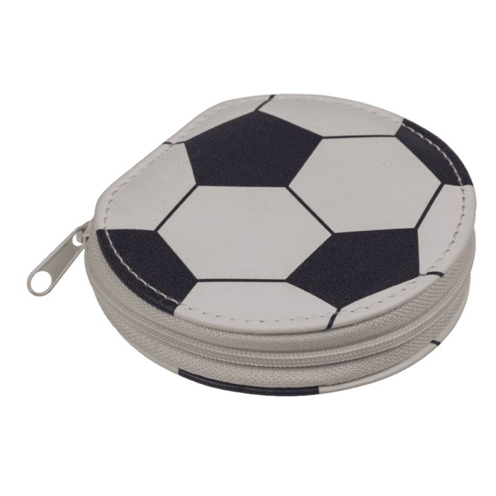 Geschlossene, runde Kosmetiktasche im Fußball-Design. Schwarz-weiße sechseckige Musterung, Reißverschluss.