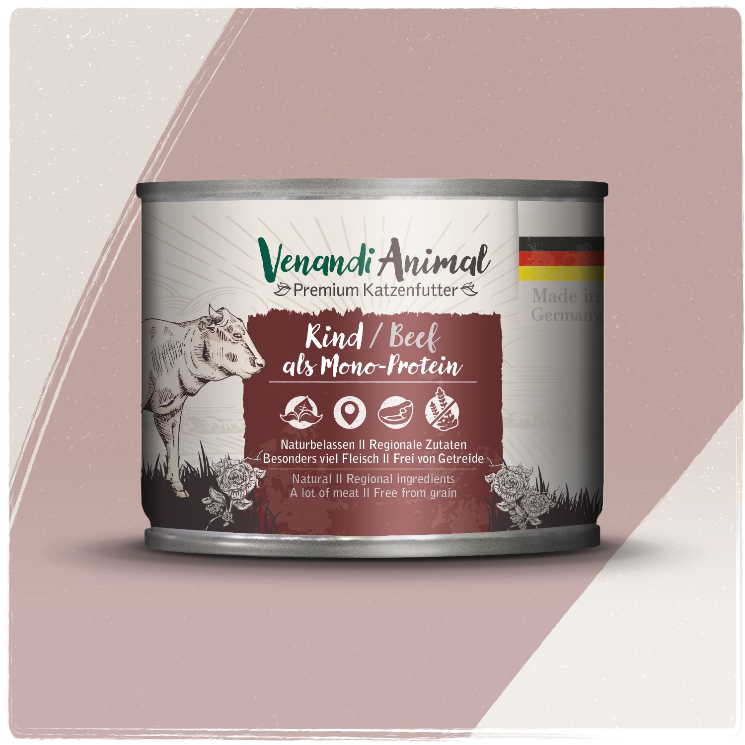 Dose Venandi Animal Premium Katzenfutter mit Rind als Mono-Protein. Mit Abbildung einer Kuh und Rosen.