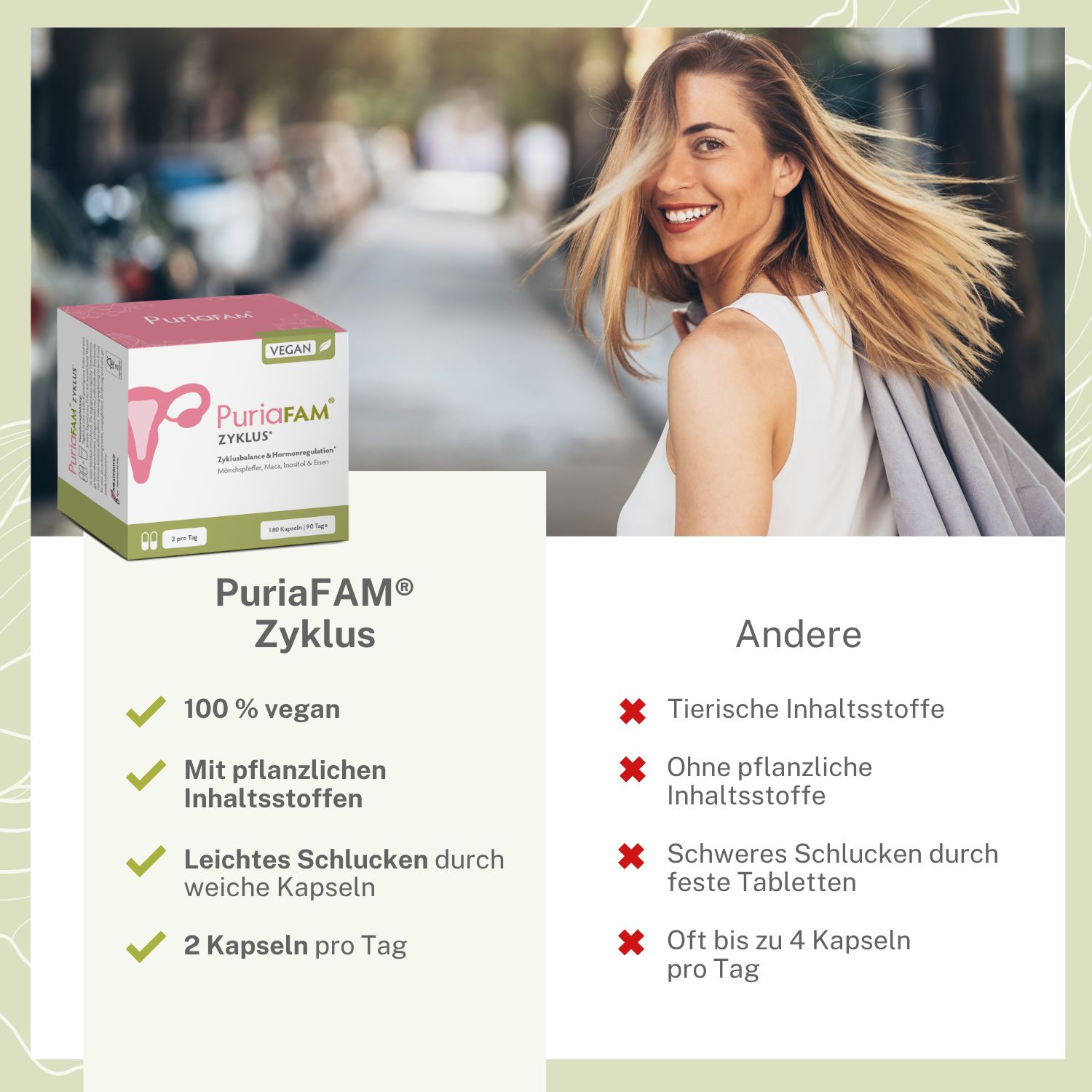 Produktabbildung und Text. PuriaFAM Zyklus Packung, 100% vegan, mit pflanzlichen Inhaltsstoffen, leicht zu schlucken. Gegenüber: Vorteile und Nachteile.