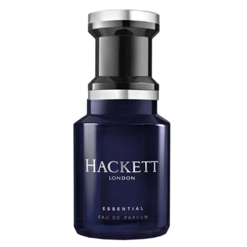Dunkelblaue Flasche mit silbernem Deckel. Aufschrift: HACKETT LONDON, ESSENTIAL, Eau de Parfum.