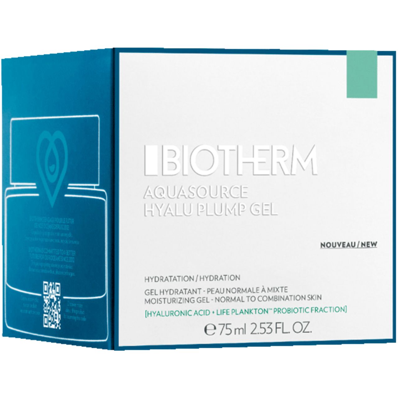 Verpackung mit Produkt. Aufschrift: BIOTHERM, AQUASOURCE HYALU PLUMP GEL. 75ml.