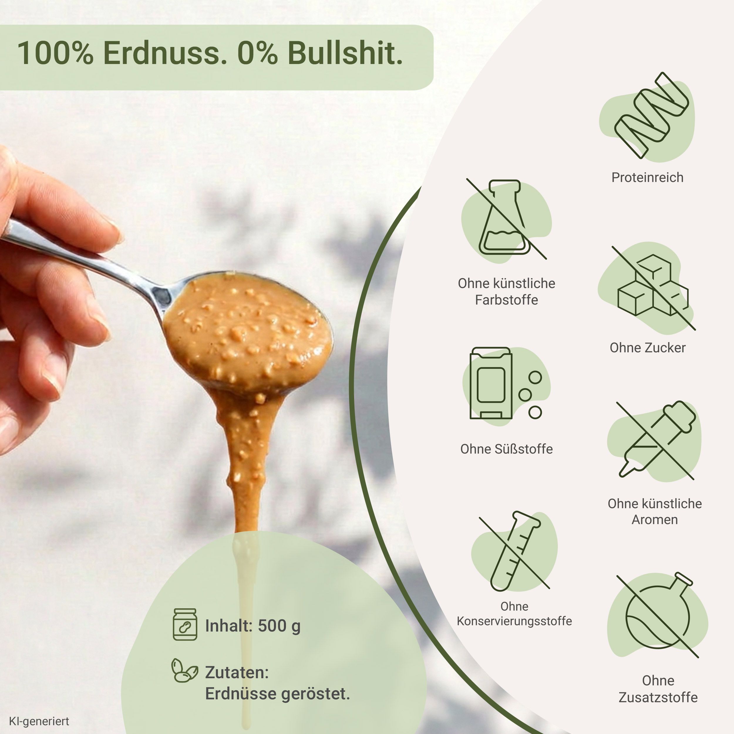 Ein Löffel Erdnussbutter tropft nach unten. Daneben Icons für 'ohne Zucker', 'ohne künstliche Aromen' und 'proteinreich'.