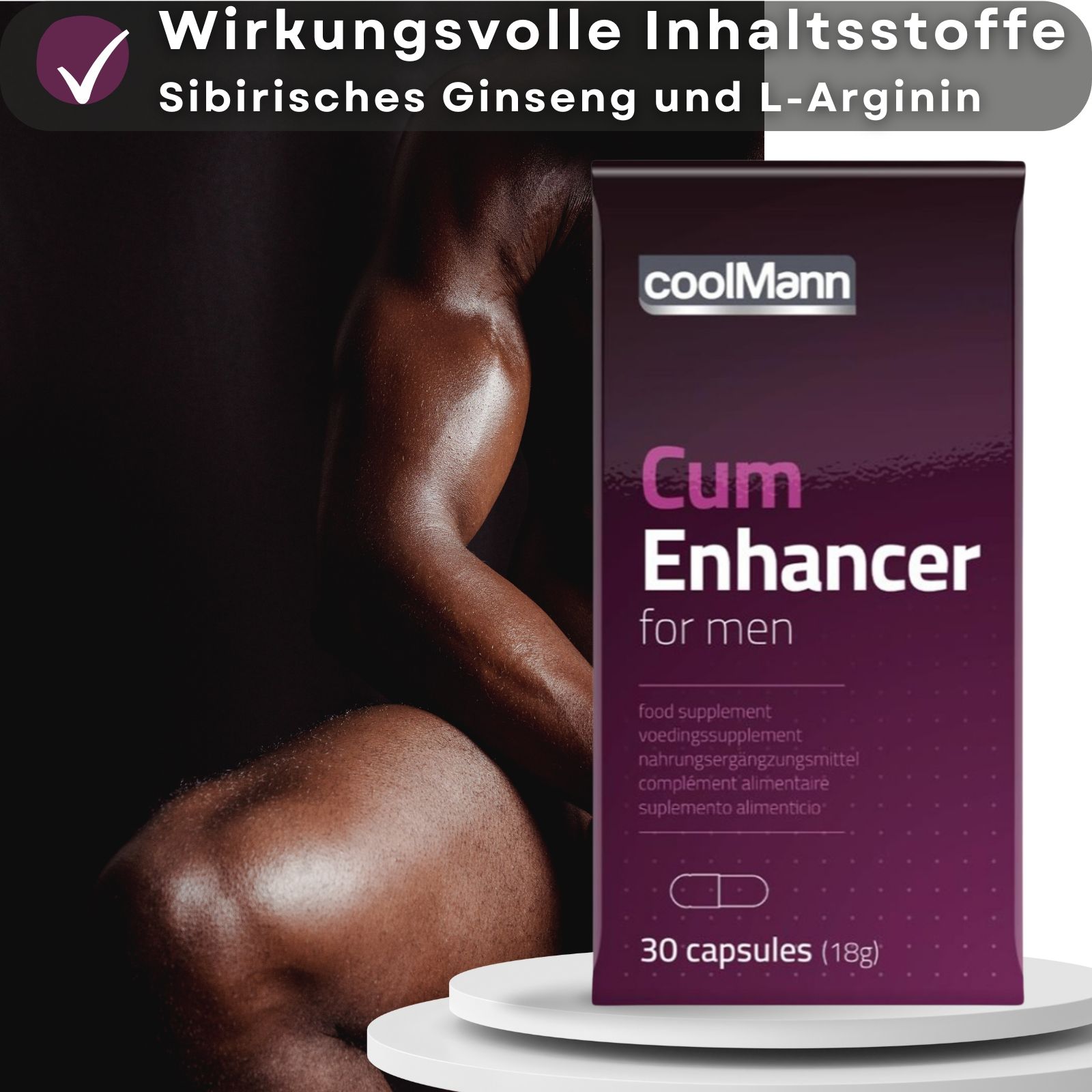 Produktverpackung. Text: "coolMann Cum Enhancer for men". Muskelmann im Hintergrund. 30 Kapseln.