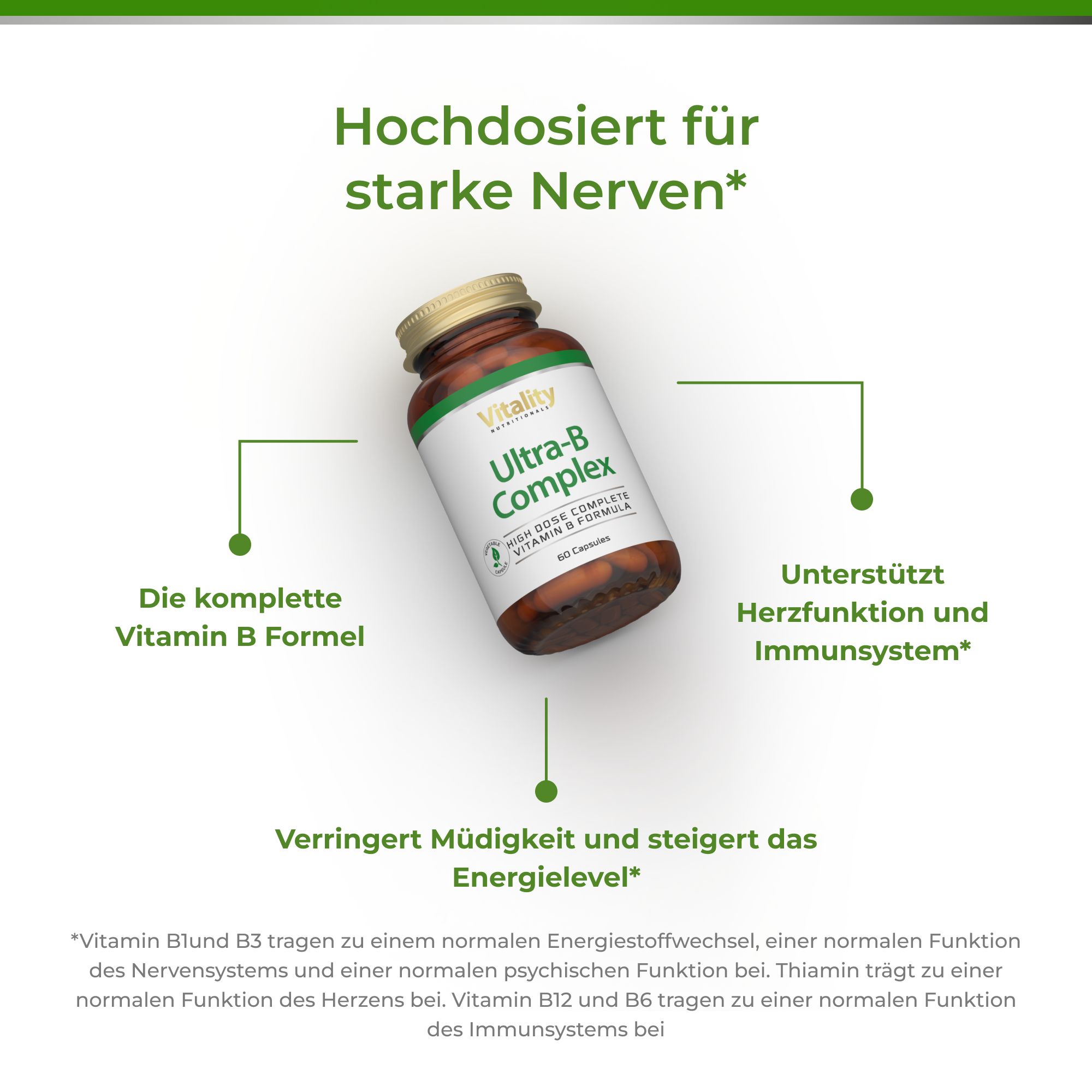 Braune Glasflasche mit Vitality Ultra-B-Komplex Kapseln. Beschriftung mit Gesundheitsvorteilen.