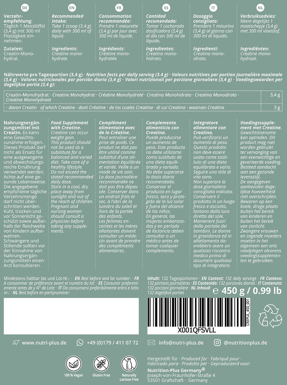 Rückseite der grünen Verpackung. Text in mehreren Sprachen. Enthält Informationen zu Inhaltsstoffen und Nährwerten. Barcode und Gewicht.