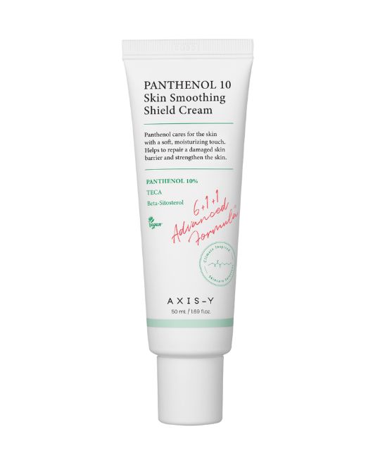 Tube AXIS-Y Panthenol 10 Skin Smoothing Shield Cream. Weiß, mit grünen und roten Akzenten. 50 ml/1.69 fl.oz.