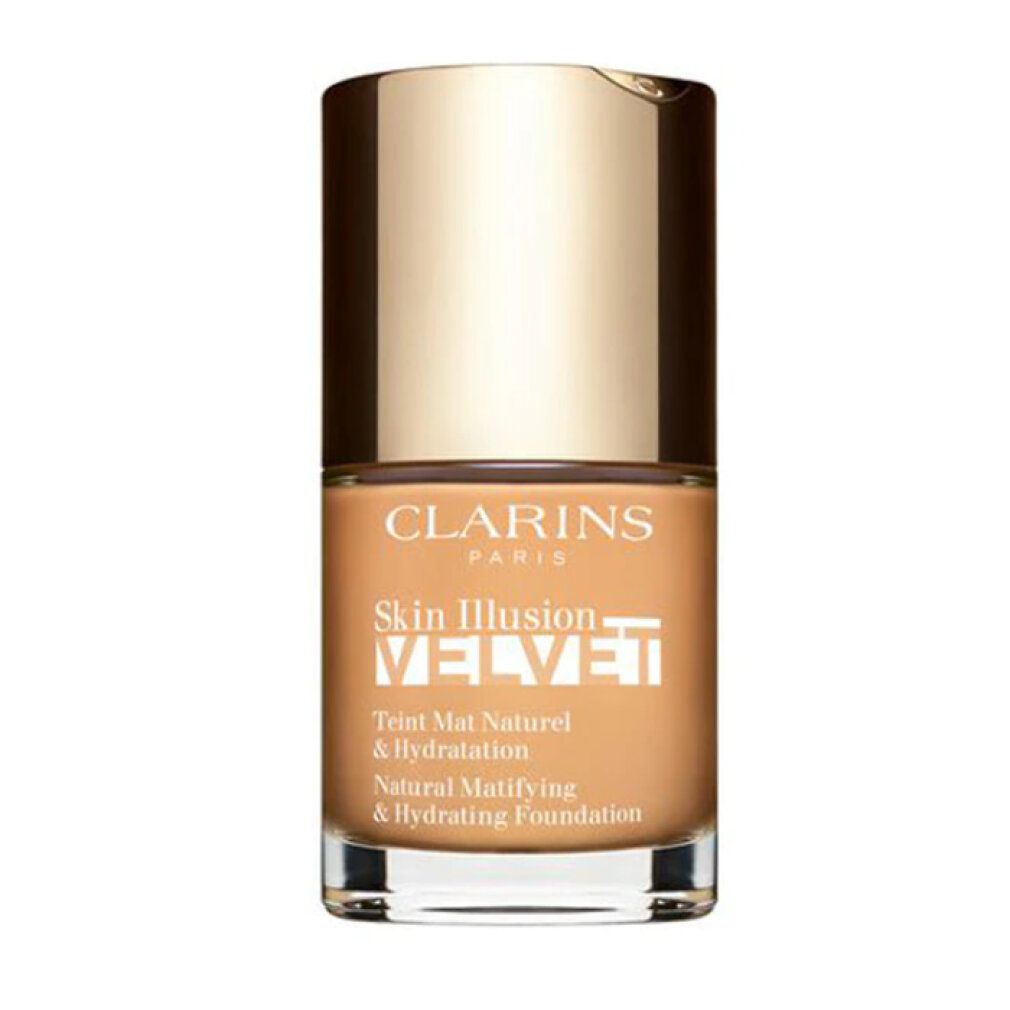Flüssigmake-up-Flakon. Marke Clarins. Skin Illusion Velvet. Goldener Deckel, beige Flüssigkeit. Text: Natural Matifying & Hydrating Foundation.