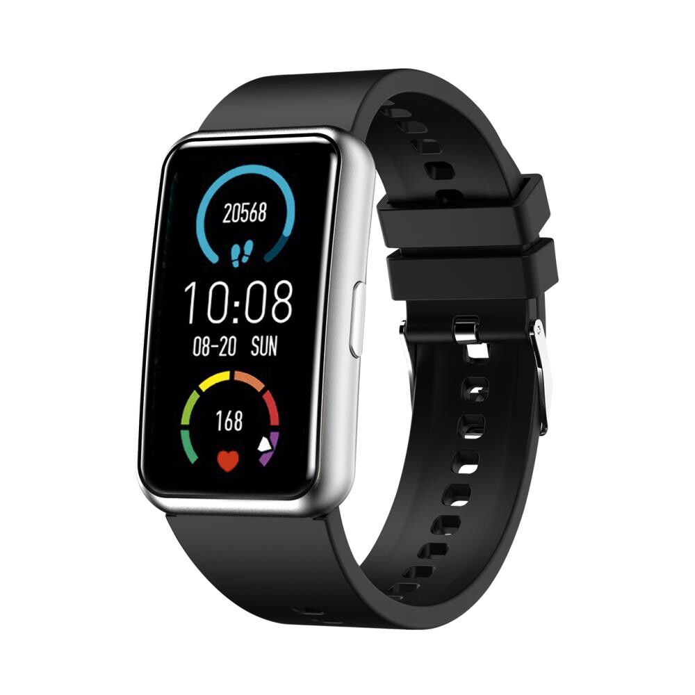 Fitnessuhr mit schwarzem Armband und silbernem Gehäuse. Das Display zeigt Uhrzeit, Datum, Schritte und Herzfrequenz an.